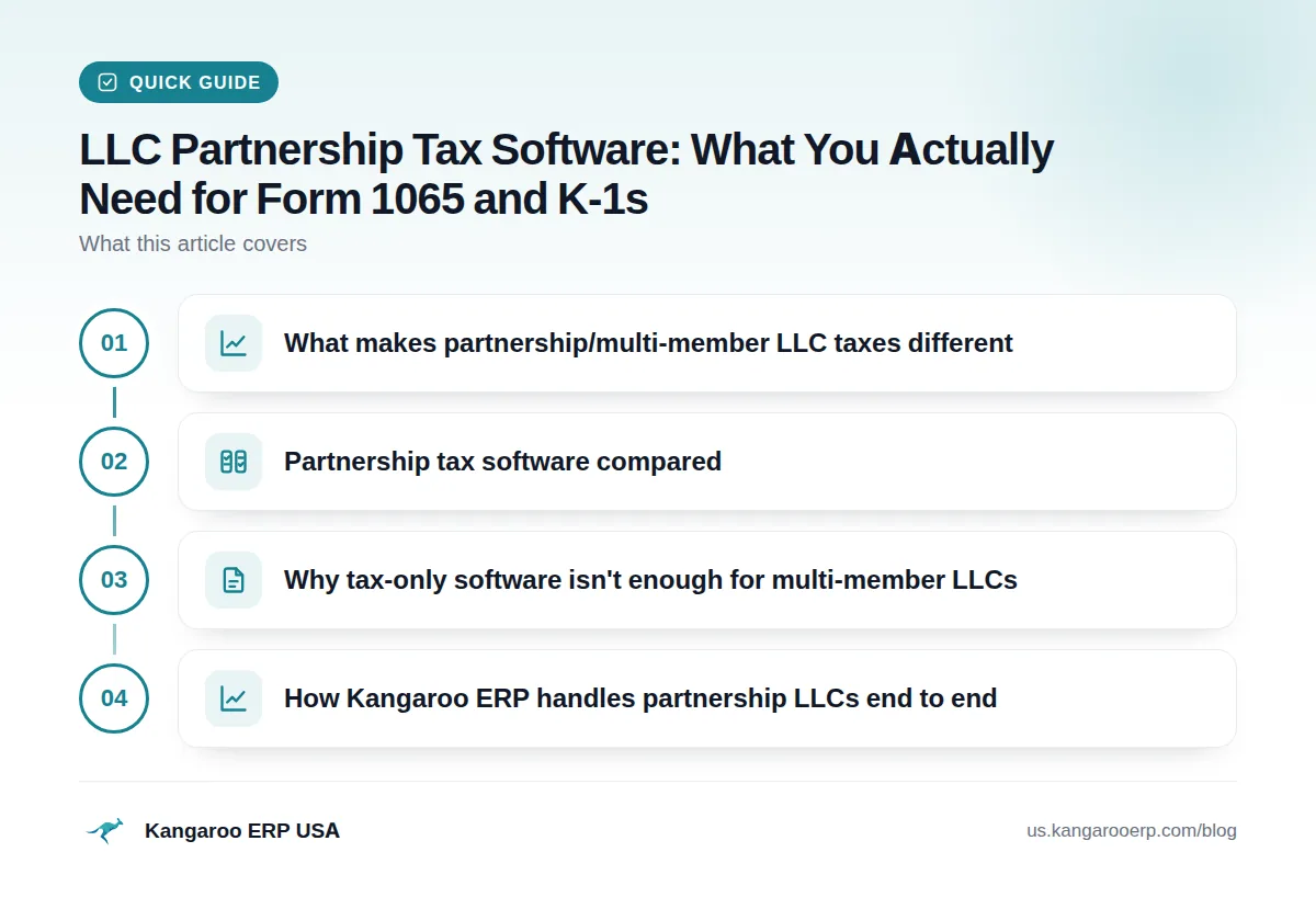 Quick guide: What makes partnership/multi-member LLC taxes different · Partnership tax software compared · Why tax-only software isn't enough for multi-member LLCs · How Kangaroo ERP handles partnership LLCs end to end